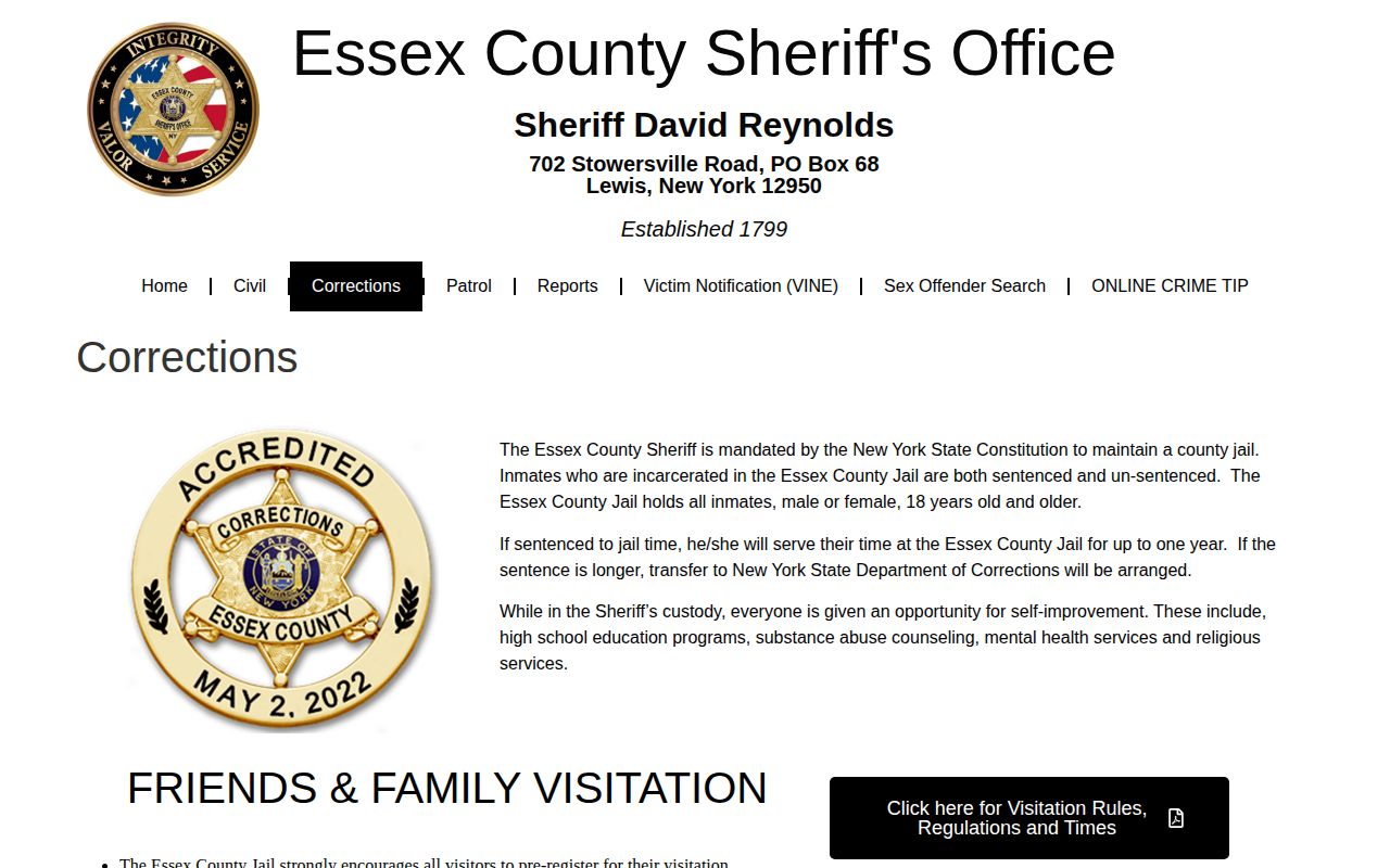 Essex County Jail corrections information for custody and booking record requests
