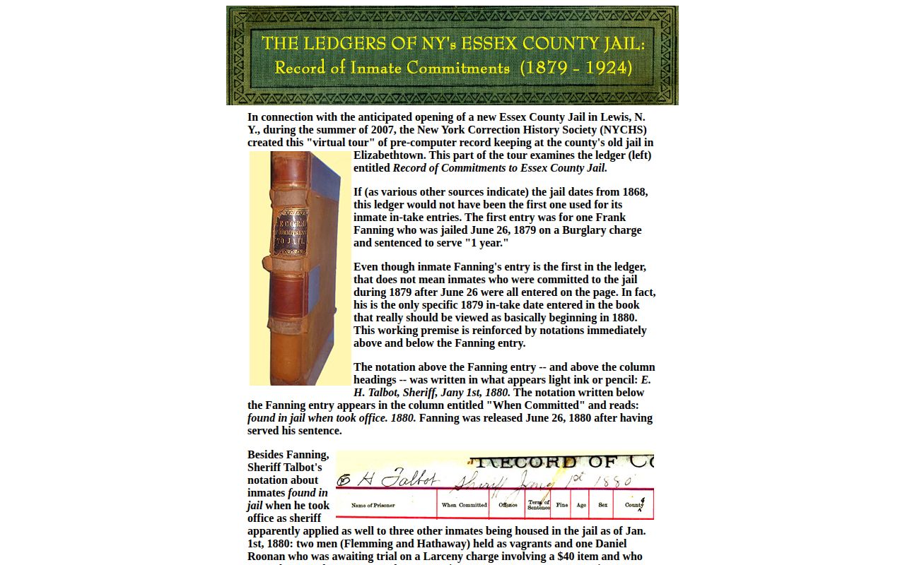 Historical Essex County Jail commitment ledger research record